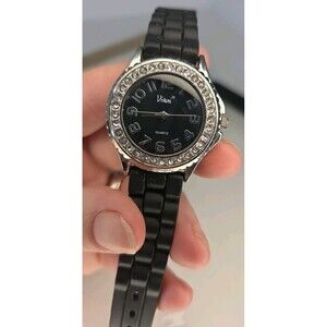 Vivani Watch Women Silver Tone Gem Set Bezel Rubber Wrist Band 38mm Preowned